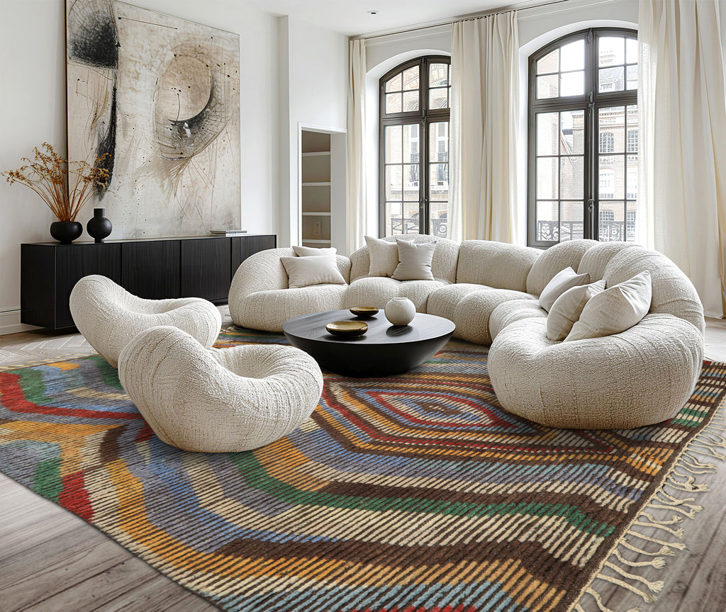 8x10 Ivory, Gold, Brown Color Hand Knotted Moroccan Wool Modern & Contemporary Oriental Rug