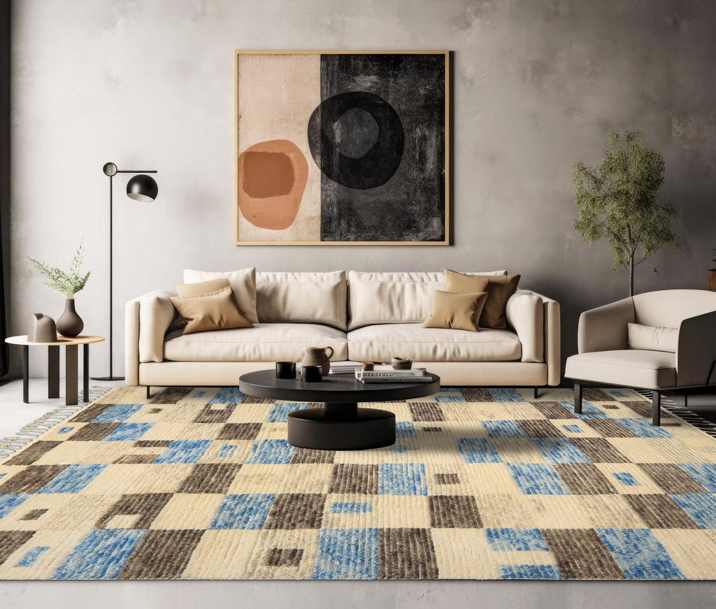 8x10 Ivory, Blue, Brown Color Hand Knotted Moroccan Wool Modern & Contemporary Oriental Rug