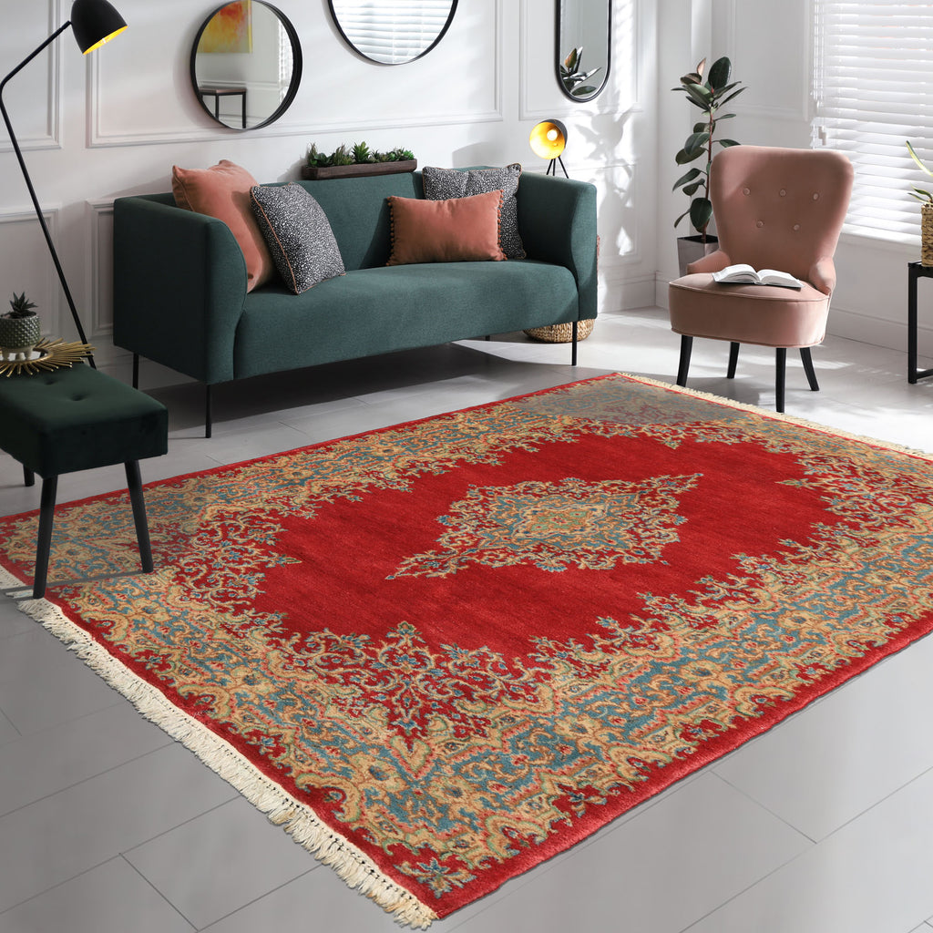 4x7 Coral, Aqua, Gold Color Hand Knotted Kerman Wool Traditional Oriental Rug