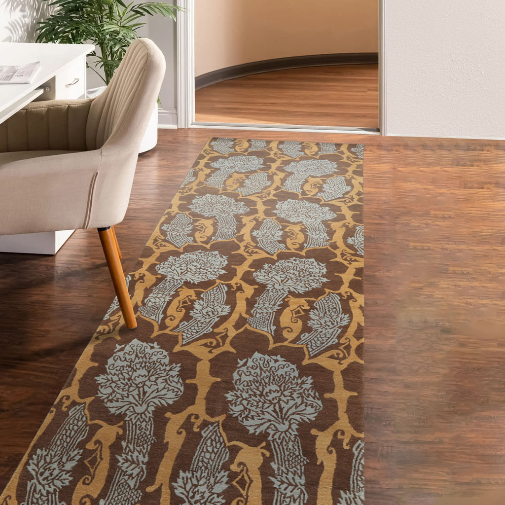 Runner Brown, Gold, Aqua Color Hand Knotted Tibetan Wool Arts & Crafts Oriental Rug