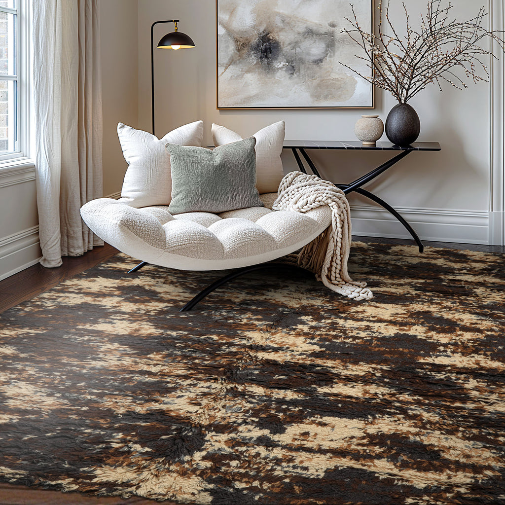 8x10 Ivory, Chocolate, Aubergine Color Hand Knotted Moroccan Shag Wool Modern & Contemporary Oriental Rug