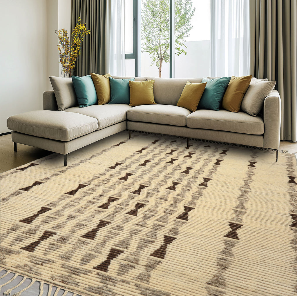 8x10 Ivory, Taupe, Chocolate Color Hand Knotted Moroccan Wool Modern & Contemporary Oriental Rug
