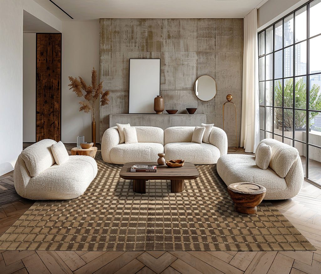 7x8 Ivory, Moss, Brown Color Hand Knotted Tibetan Wool Modern & Contemporary Oriental Rug