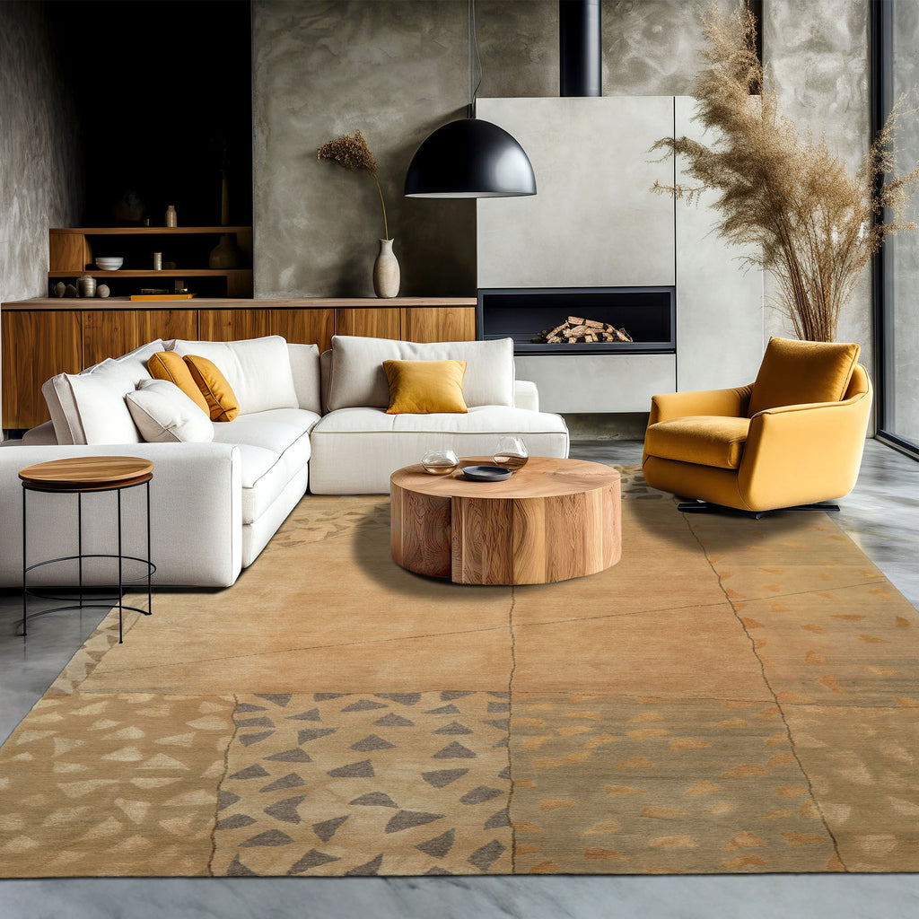 6x9 Beige, Gray, Gold Color Hand Knotted Tibetan Wool & Silk Modern & Contemporary Oriental Rug