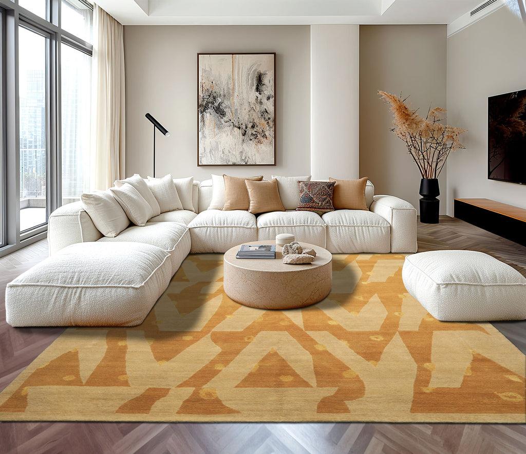 6x9 Beige, Gold, Tan Color Hand Knotted Tibetan Wool & Silk Modern & Contemporary Oriental Rug