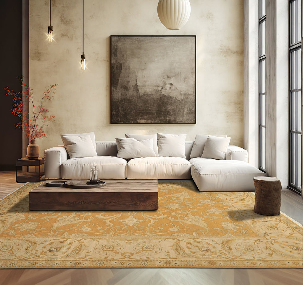 8x9 Gold, Beige, Ivory Color Hand Knotted Agra Wool Traditional Oriental Rug