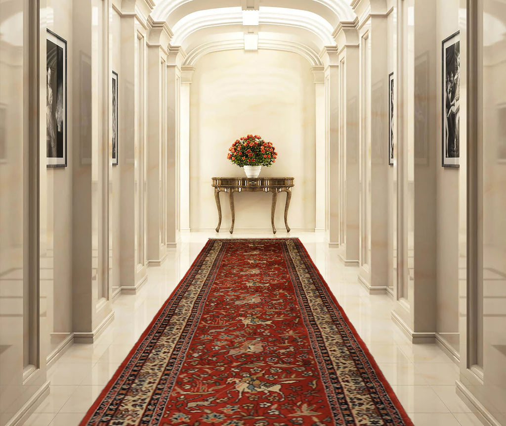 Runner Burnt Orange, Ivory, Navy Color Hand Knotted Kashan Wool Traditional Oriental Rug