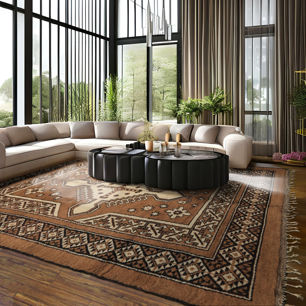 6x9 Mocha, Charcoal, Ivory Color Hand Knotted Moroccan Wool Traditional Oriental Rug