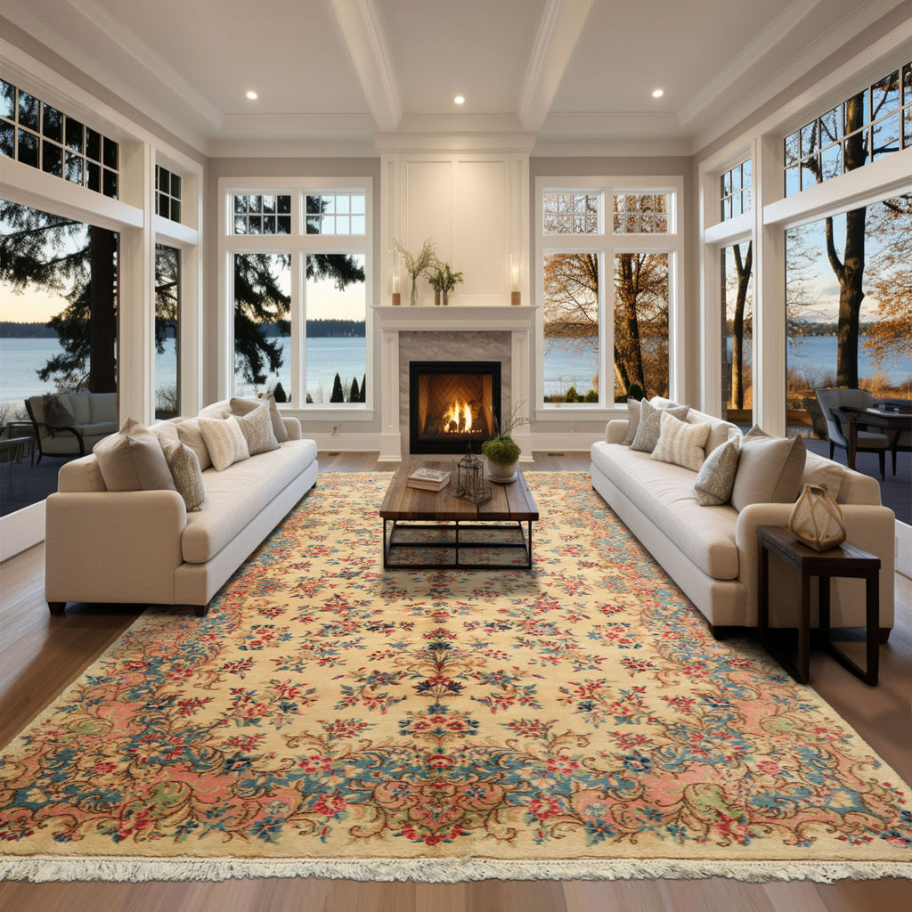 Runner Ivory, Aqua, Blush Color Hand Knotted Kerman Wool Modern & Contemporary Oriental Rug