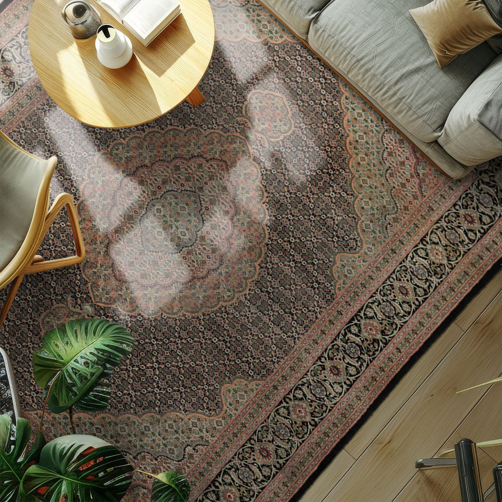 6x9 Black, Blush, Green Color Hand Knotted Tabriz Wool & Silk Traditional Oriental Rug