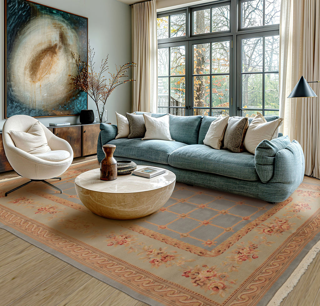 6x9 Aqua, Mint, Tan Color Hand Knotted French Aubusson Savonerrie Wool & Silk Traditional Oriental Rug