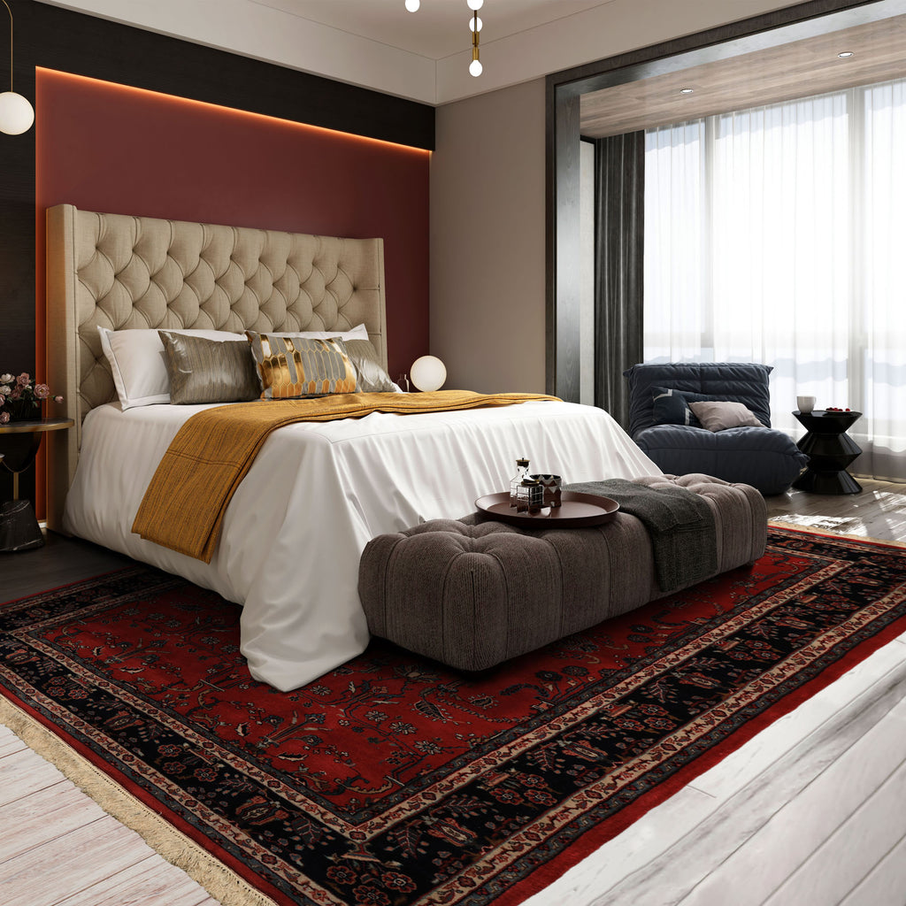 6x9 Burgundy, Navy, Ivory Color Hand Knotted Sarouk Wool Traditional Oriental Rug