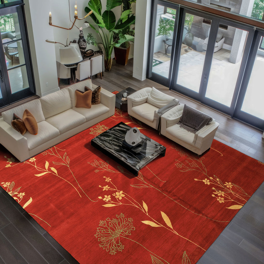 8x10 Red, Orange, Undertone Gold Color Hand Knotted Tibetan Wool & Silk Transitional Oriental Rug