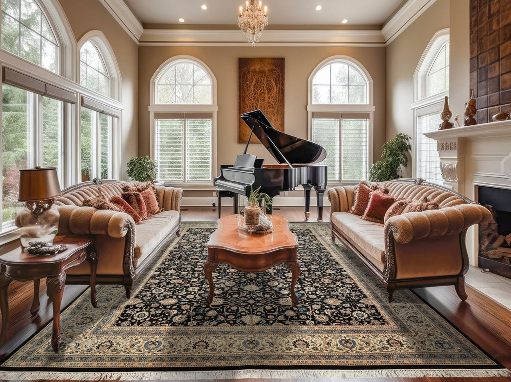 OverSize Black, Ivory, Blue Color Hand Knotted Pak Persian Wool Traditional Oriental Rug