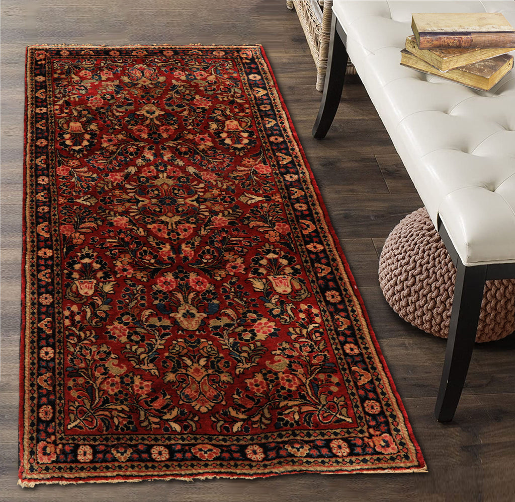 3x5 Red, Midnight Blue, Gold Color Hand Knotted Sarouk Wool Traditional Oriental Rug