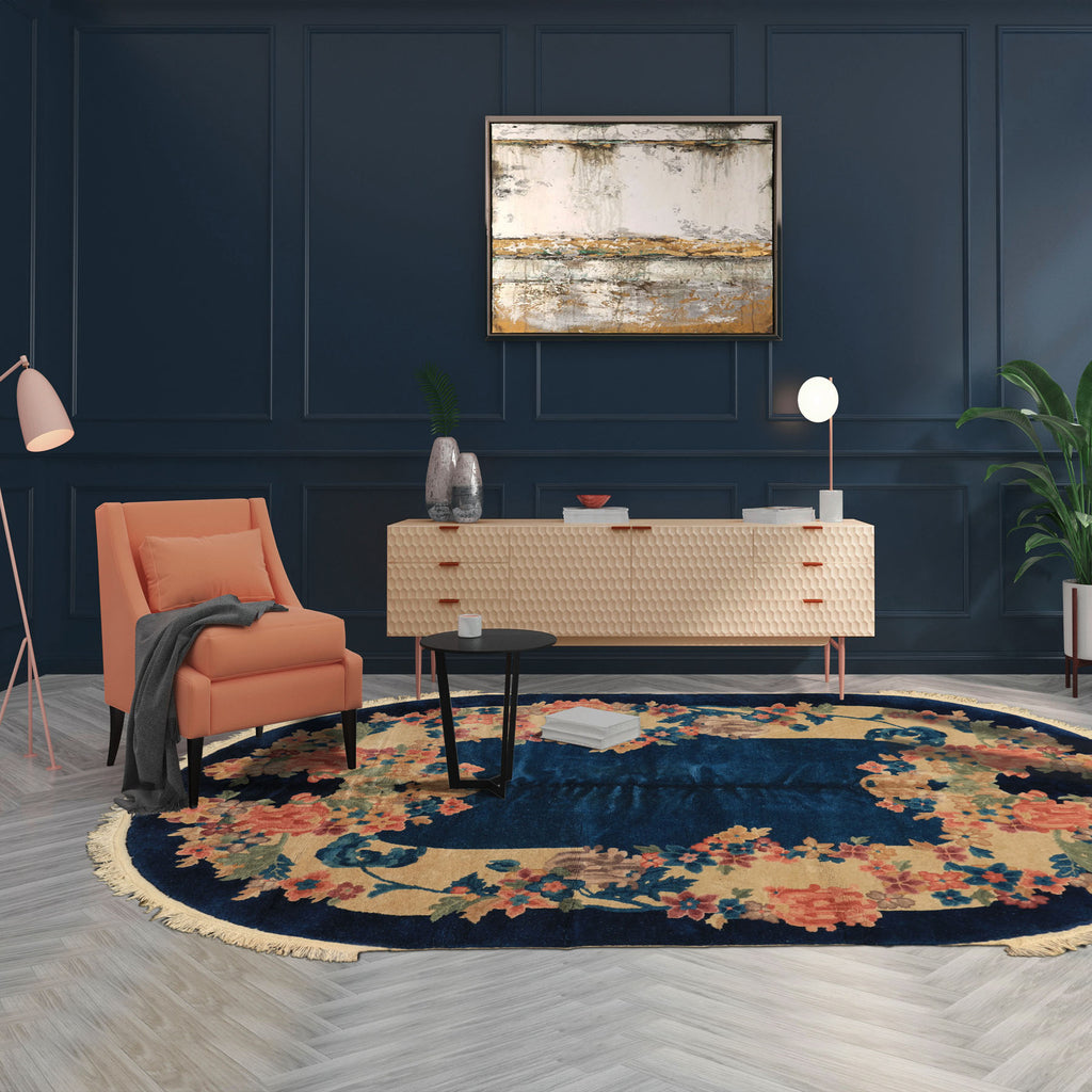 5x8 Navy, Beige, Celadon Color Hand Knotted Chinese Art Deco Wool Traditional Oriental Rug