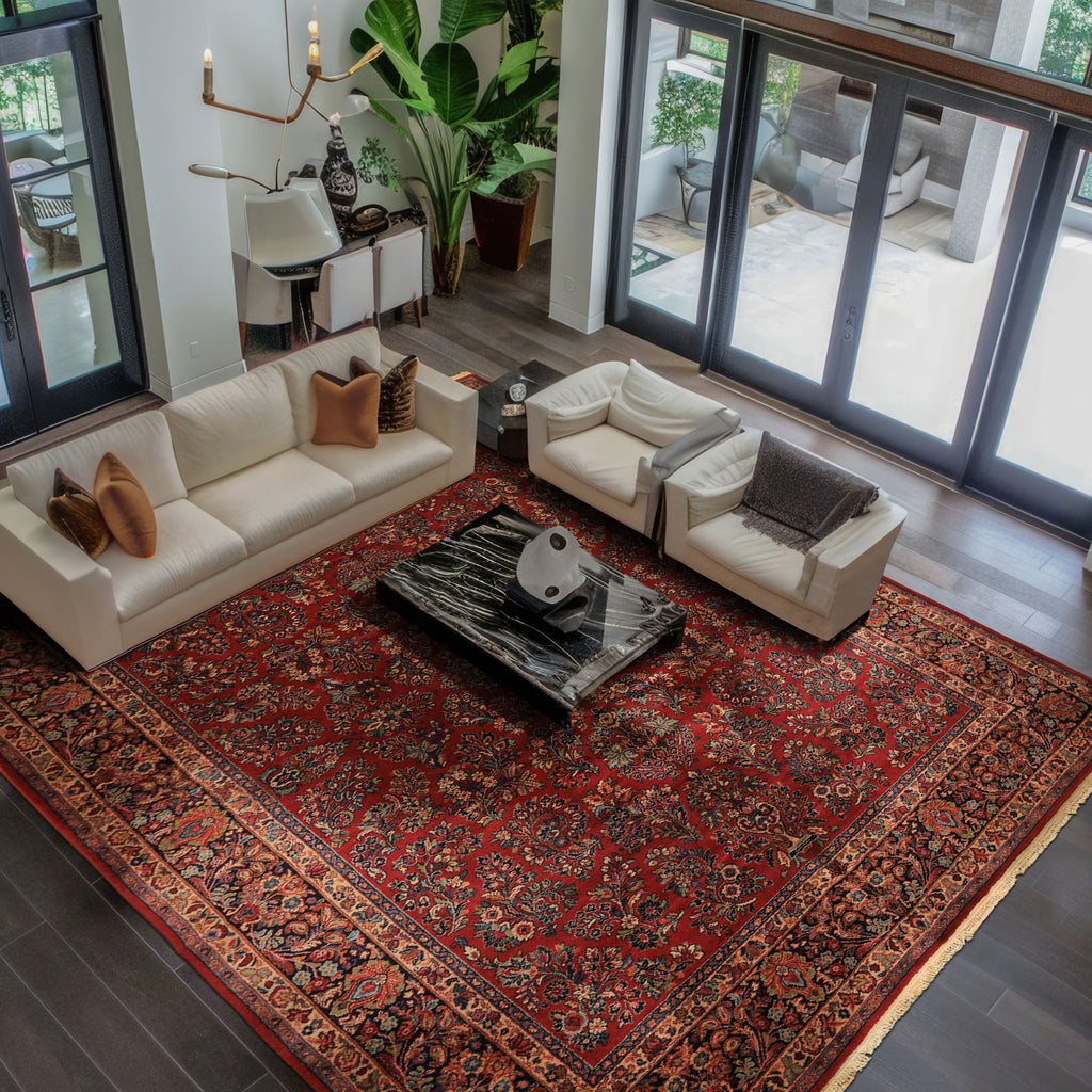 9x12 Burgundy, Navy, Ivory Color Machine Made Karastan Sarouk New Zealand Wool Traditional Oriental Rug