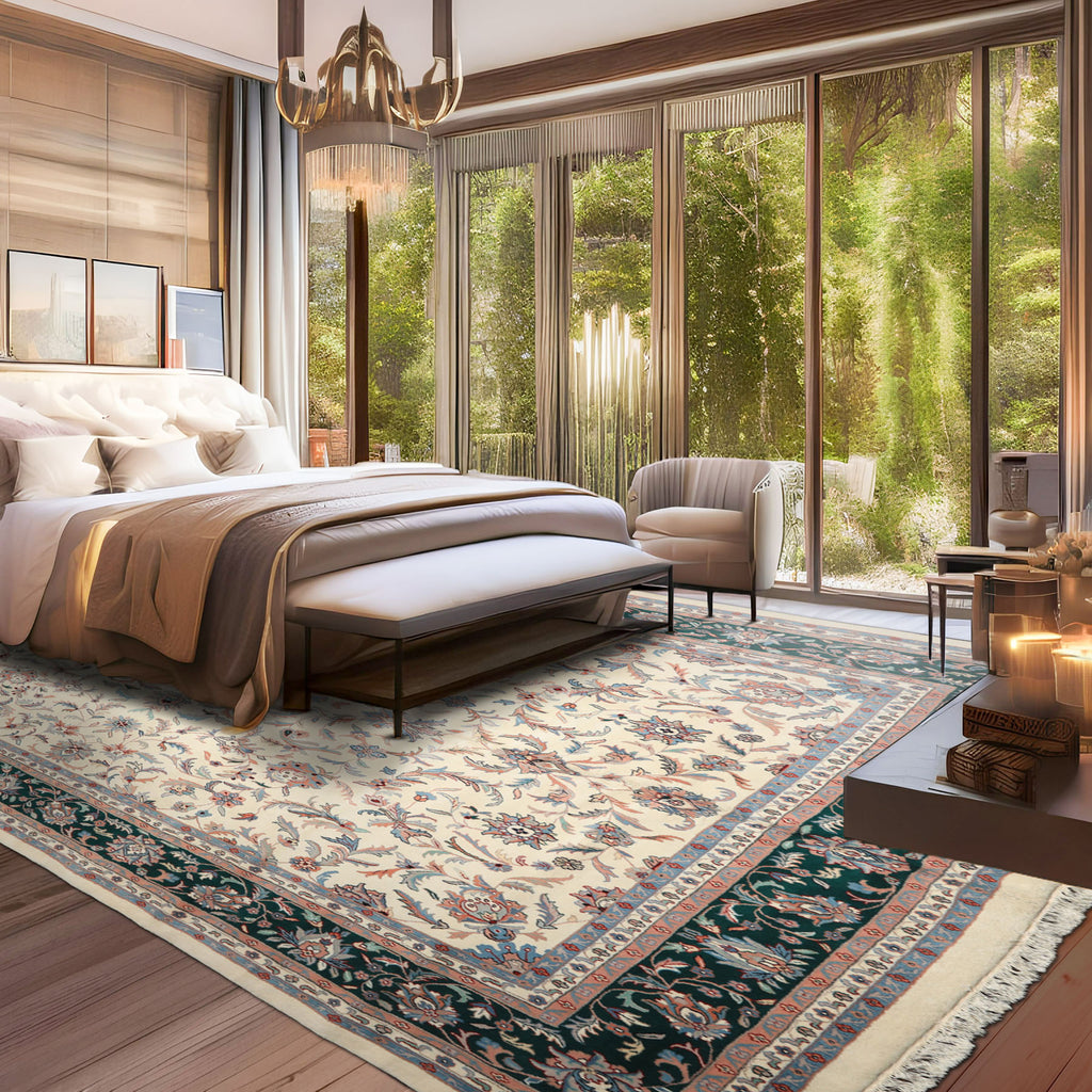 12x15 Cream, Emerald, Blush Color Hand Knotted Kashan Wool Traditional Oriental Rug