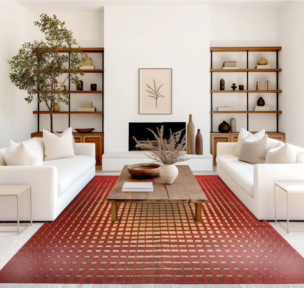 8x10 Gold, Rosy-Red, Brown Color Hand Knotted Tibetan Wool Modern & Contemporary Oriental Rug