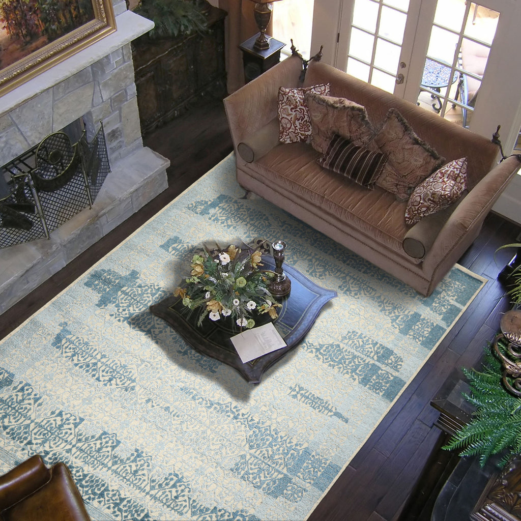 9x12 Blue, Ivory, Color Hand Knotted Oushak Wool & Bamboo Silk Transitional Oriental Rug