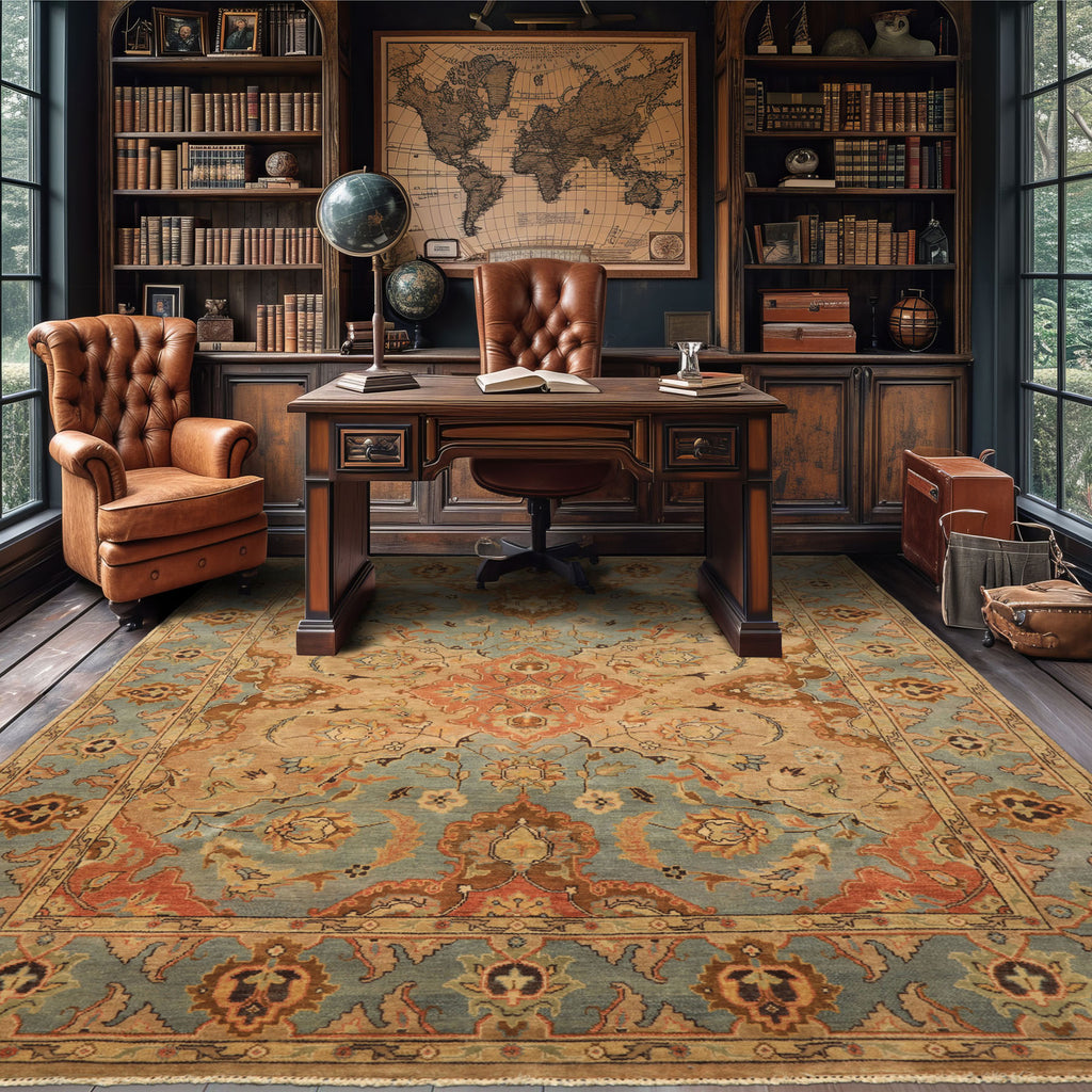 8x10 Tan, Aqua, Beige Color Hand Knotted Oushak Wool Traditional/ Floral Oriental Rug