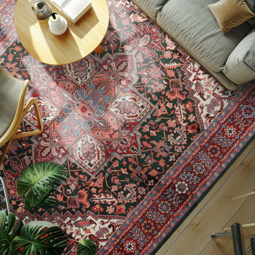 9x12 Green, Red, Pink Color Hand Knotted Heriz Wool Traditional/ Medallion Oriental Rug