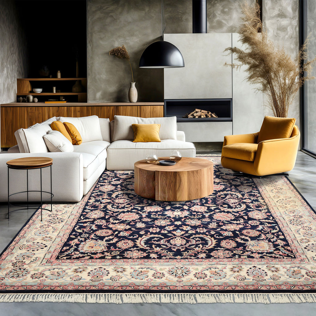 8x10 Midnight Blue, Ivory, Blush Color Hand Knotted Tabriz Wool Traditional Oriental Rug