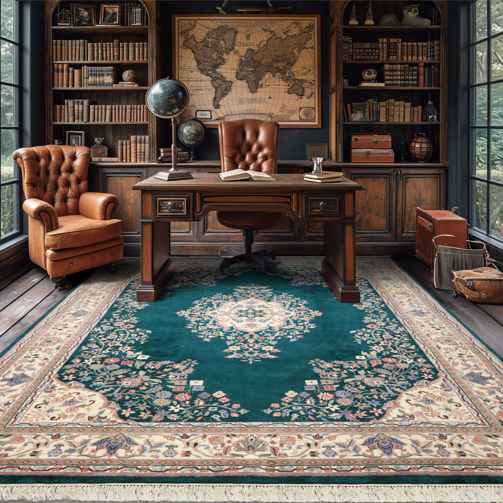 7x9 Emerald, Green, Ivory Color Hand Knotted Tabriz Wool Traditional Oriental Rug