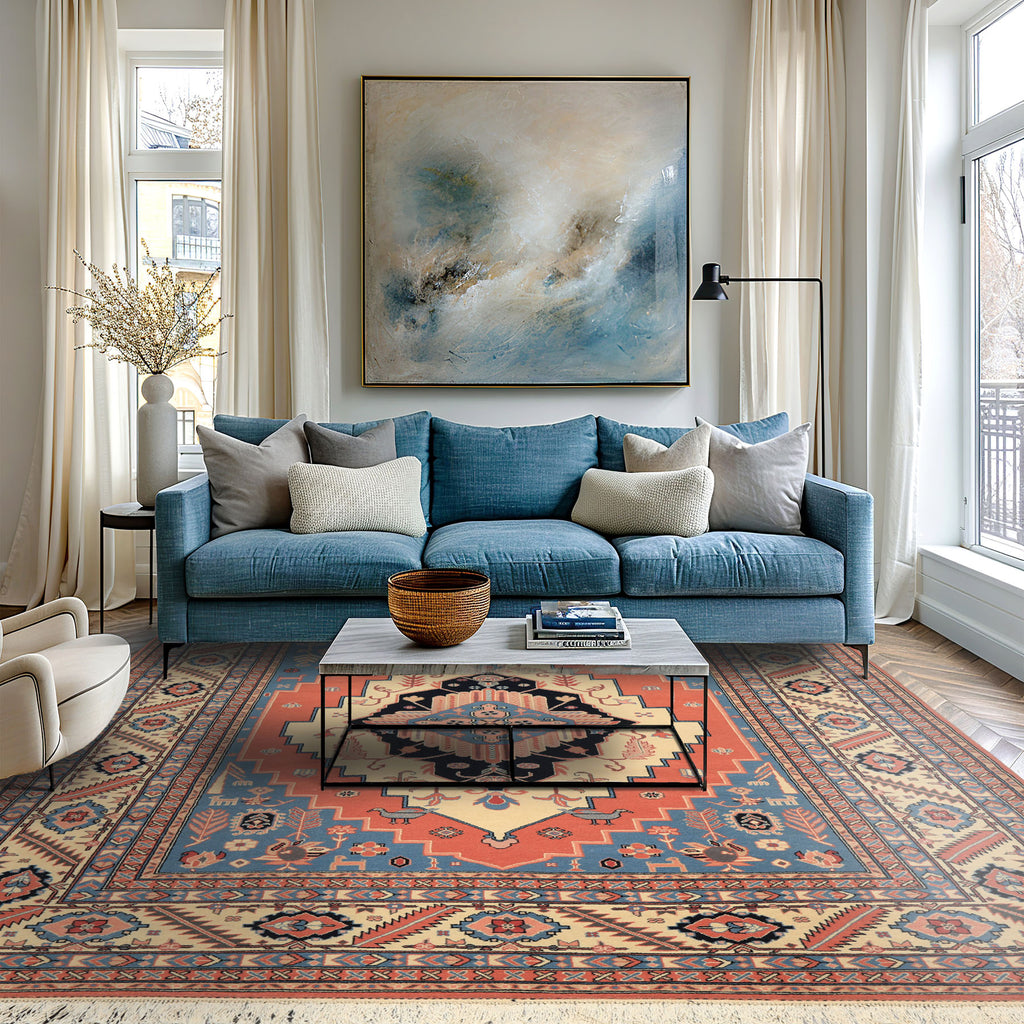 8x10 Salmon, Ivory, Blush Color Hand Knotted Heriz Wool Traditional/ Medallion Oriental Rug