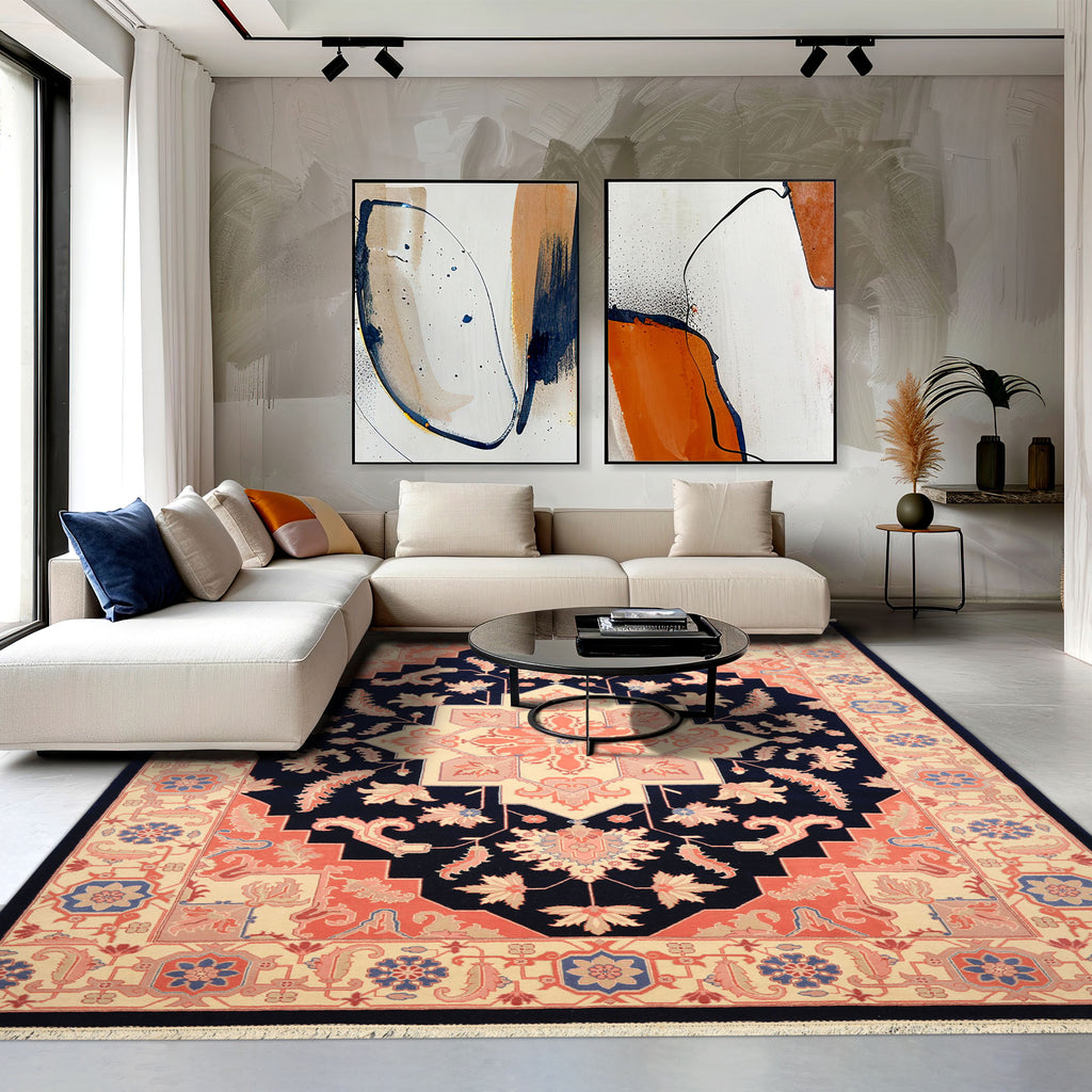 9x12 Navy, Ivory, Salmon Color Hand Knotted Heriz Wool Traditional/ Medallion Oriental Rug