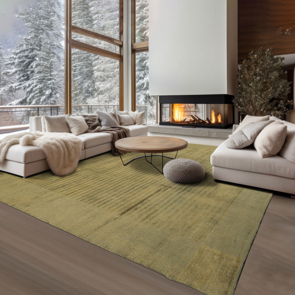 8x11 Olive, Green, Color Hand Knotted Tibetan Wool Modern & Contemporary / ribbed Oriental Rug