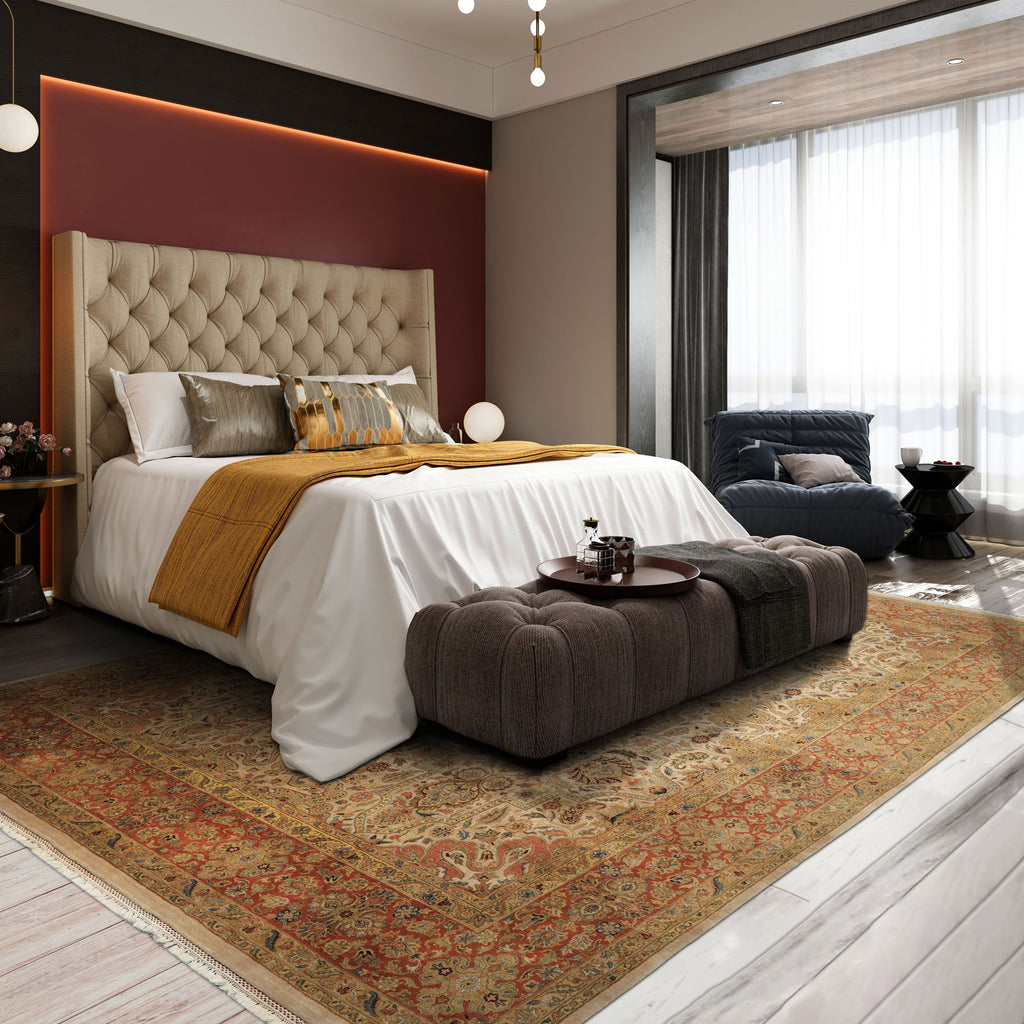 12x15 Beige, Burnt Orange, Lime Color Hand Knotted Agra Wool Traditional Oriental Rug