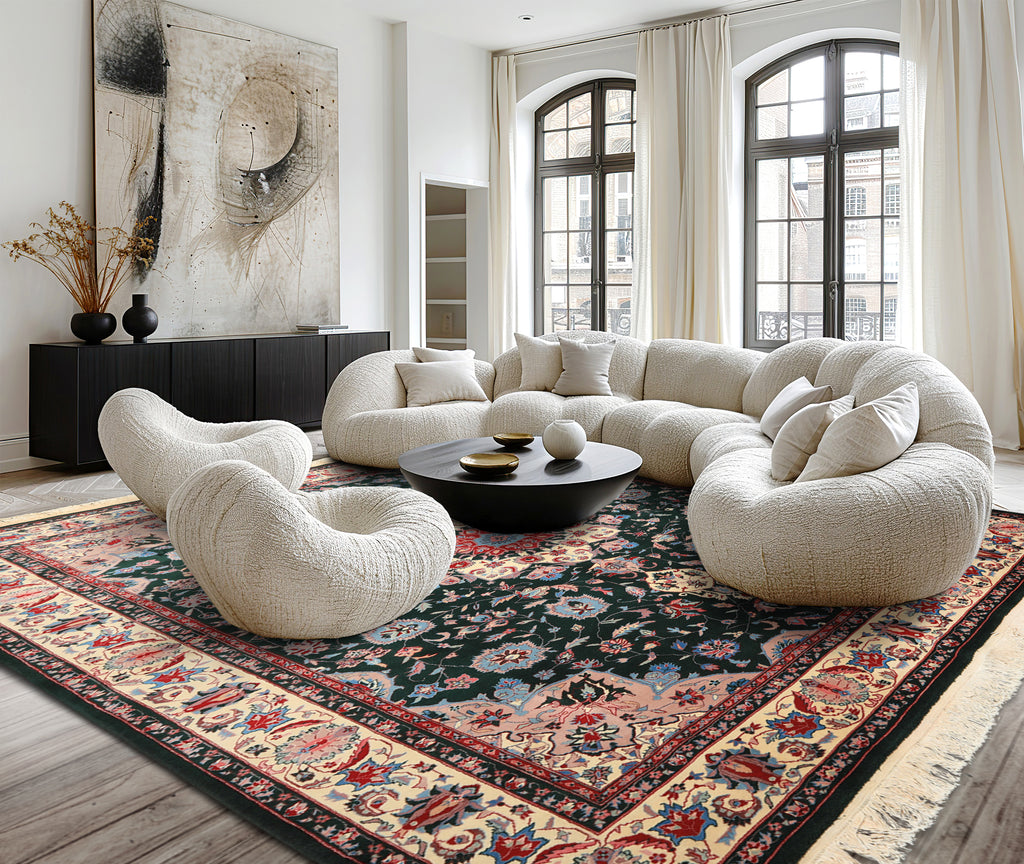 8x10 Dark Green, Ivory, Red Color Hand Knotted Tabriz New Zealand Wool Traditional Oriental Rug