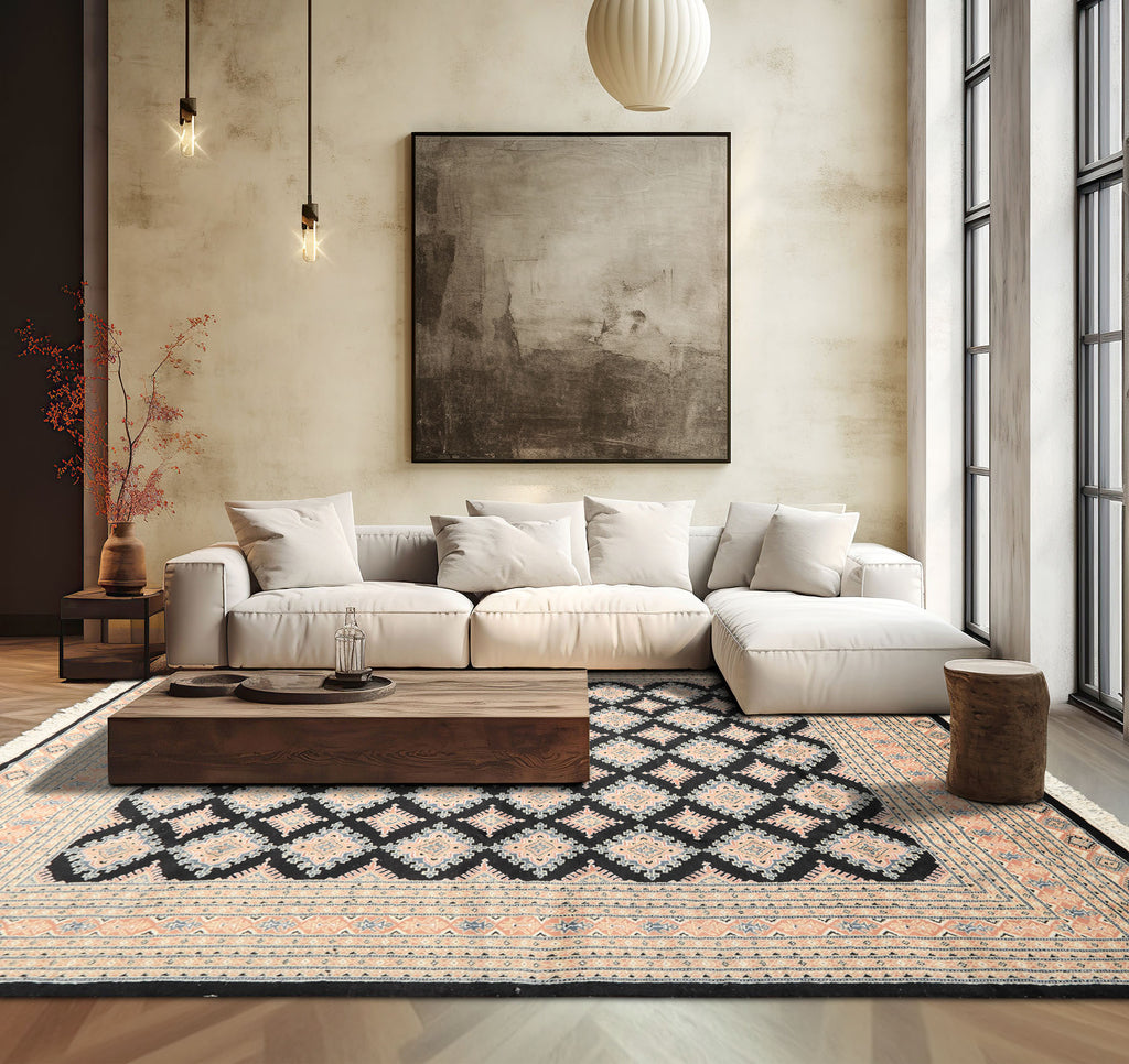 8x10 Black, Peach, Ivory Color Hand Knotted Bokhara Wool Traditional Oriental Rug