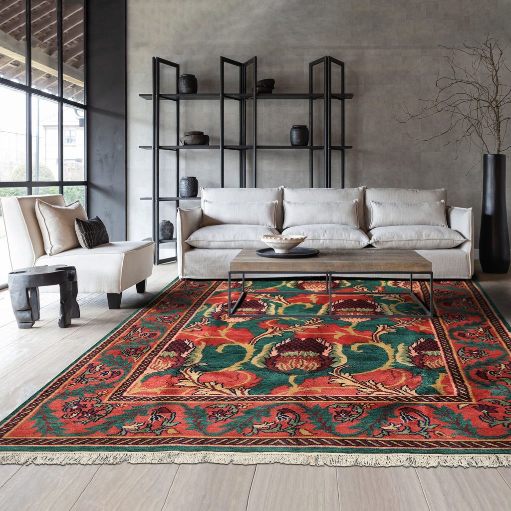 8x10 Teal-Green, Raspberry-Rose, Gold Color Hand Knotted Arts & Crafts Wool Eclectic Oriental Rug