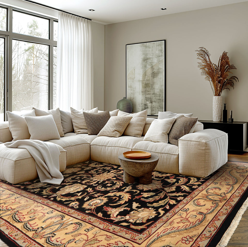 6x9 Black, Warm, Beige Color Hand Knotted Agra Wool Traditional Oriental Rug