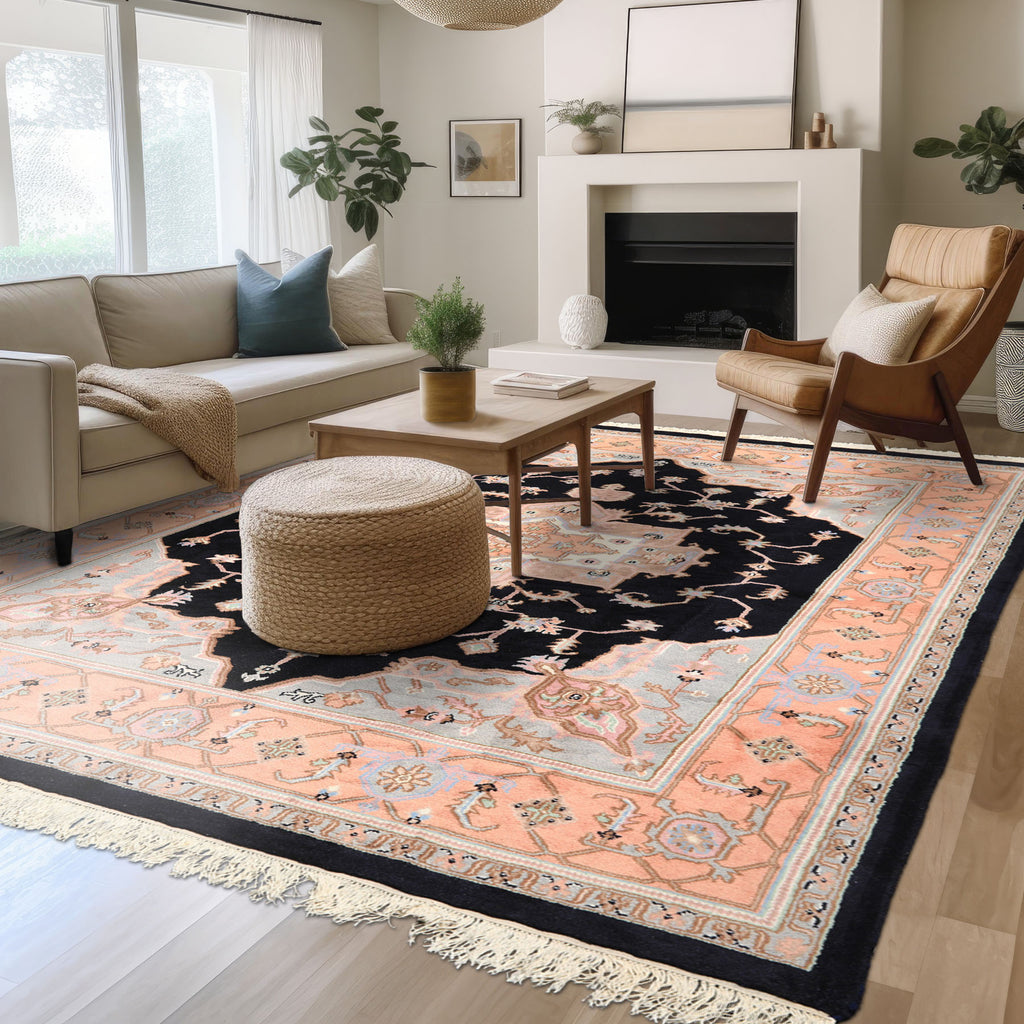 8x10 Black, Peach, Ivory Color Hand Knotted Heriz Wool Traditional Oriental Rug