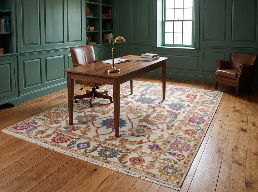 Multi Size Ivory Brown Aqua Color Hand Knotted Oushak Wool Traditional Oriental Rug