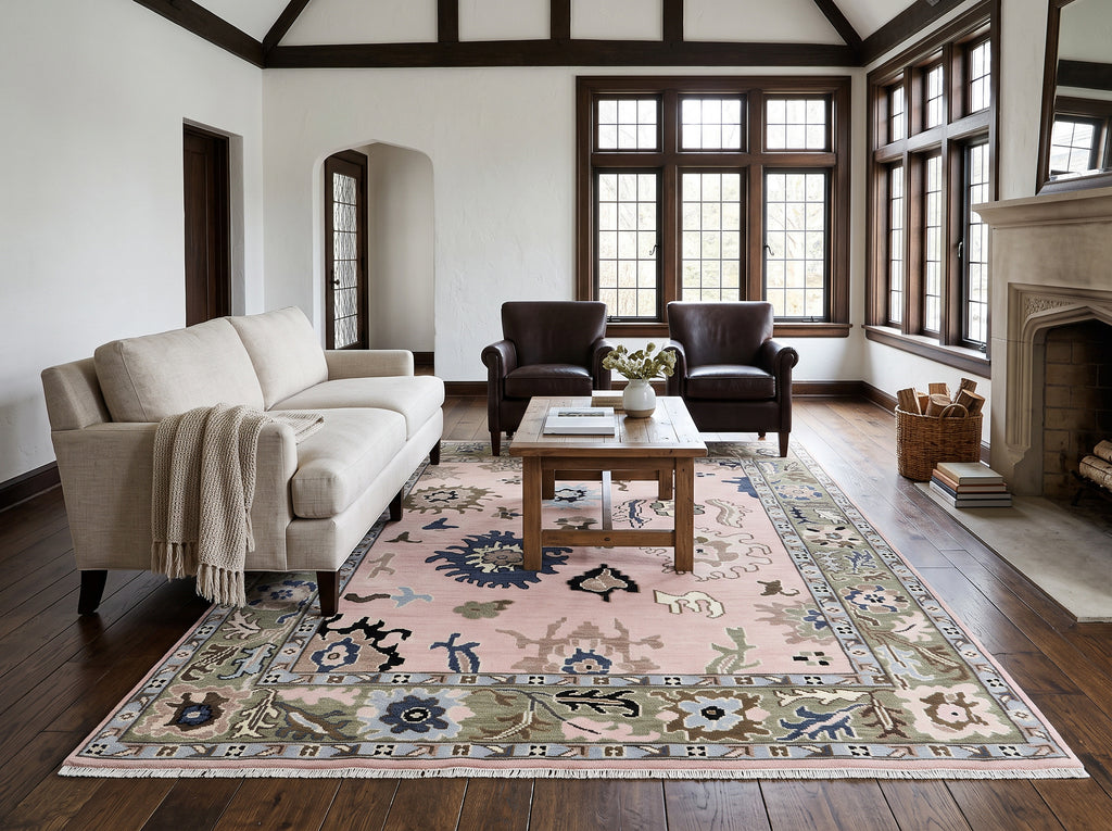 Multi Size Blush Sage Blue Color Hand Knotted Oushak Wool Traditional Oriental Rug