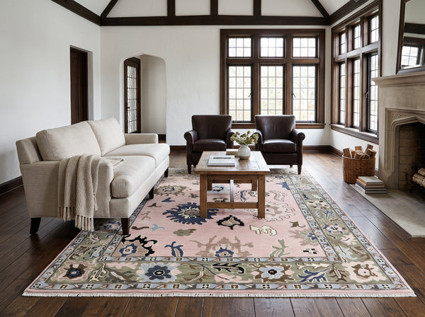 Multi Size Blush Sage Blue Color Hand Knotted Oushak Wool Traditional Oriental Rug