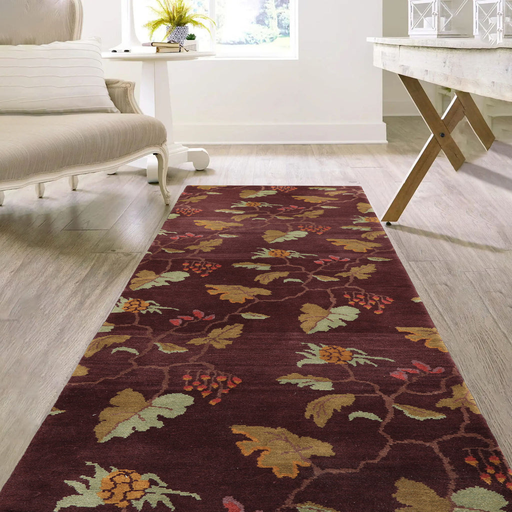 Runner Aubergine, Gold, Mint Color Hand Knotted Tibetan Wool Transitional Oriental Rug