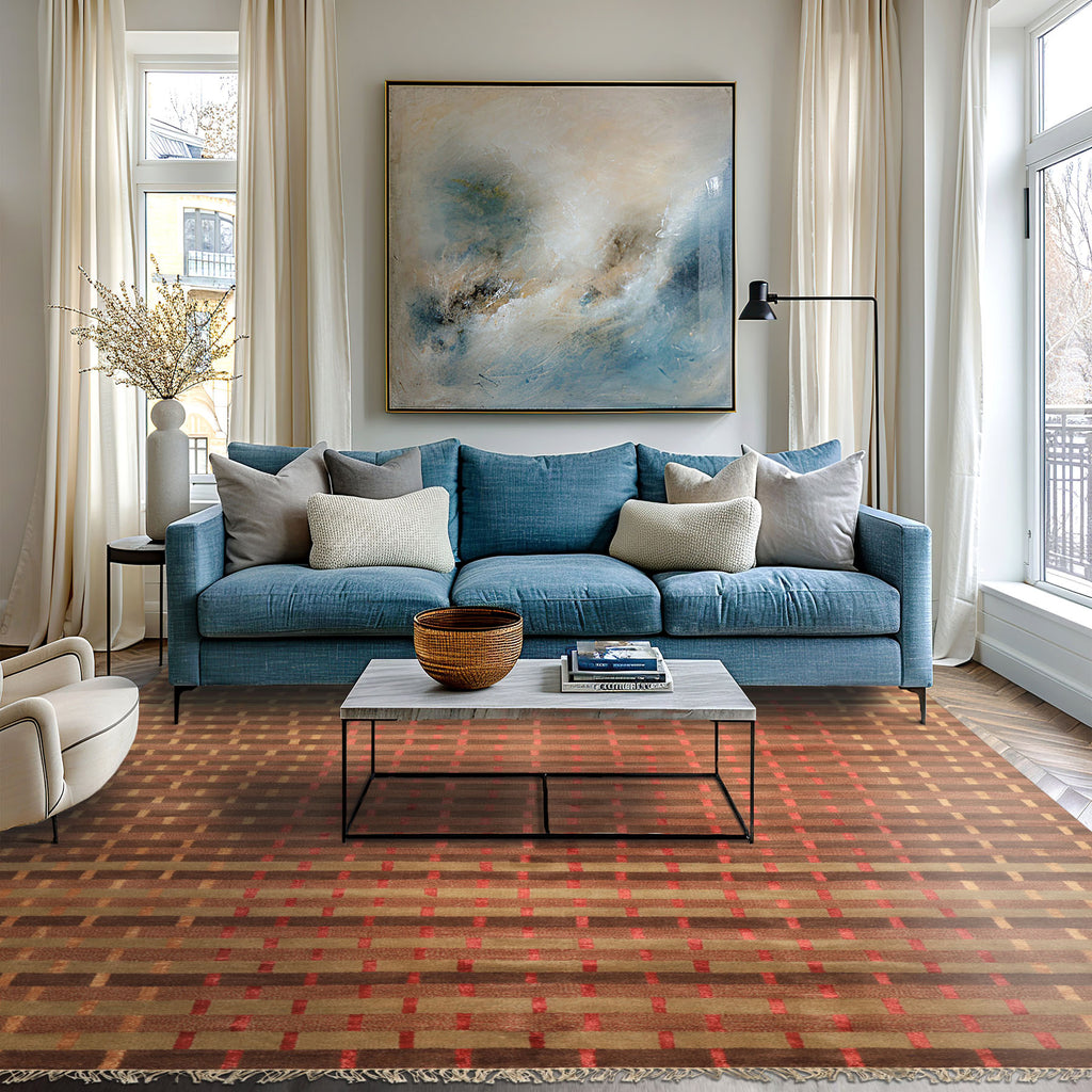 8x10 Raspberry, Rust, Moss Color Hand Knotted Tibetan Wool & Pure Silk Contemporary Oriental Rug