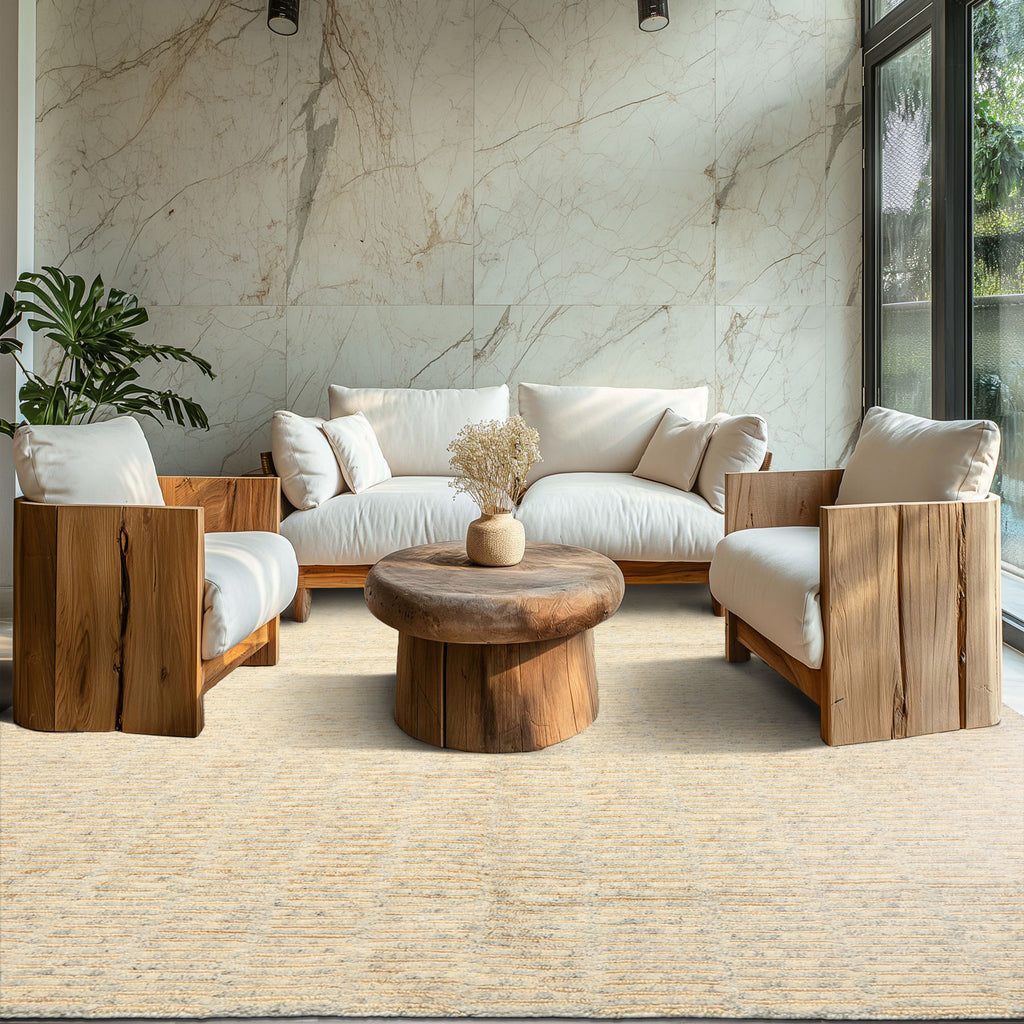 6x9 Ivory, Beige, Gray Color Hand Knotted Tibetan Wool & Jute Contemporary Oriental Rug