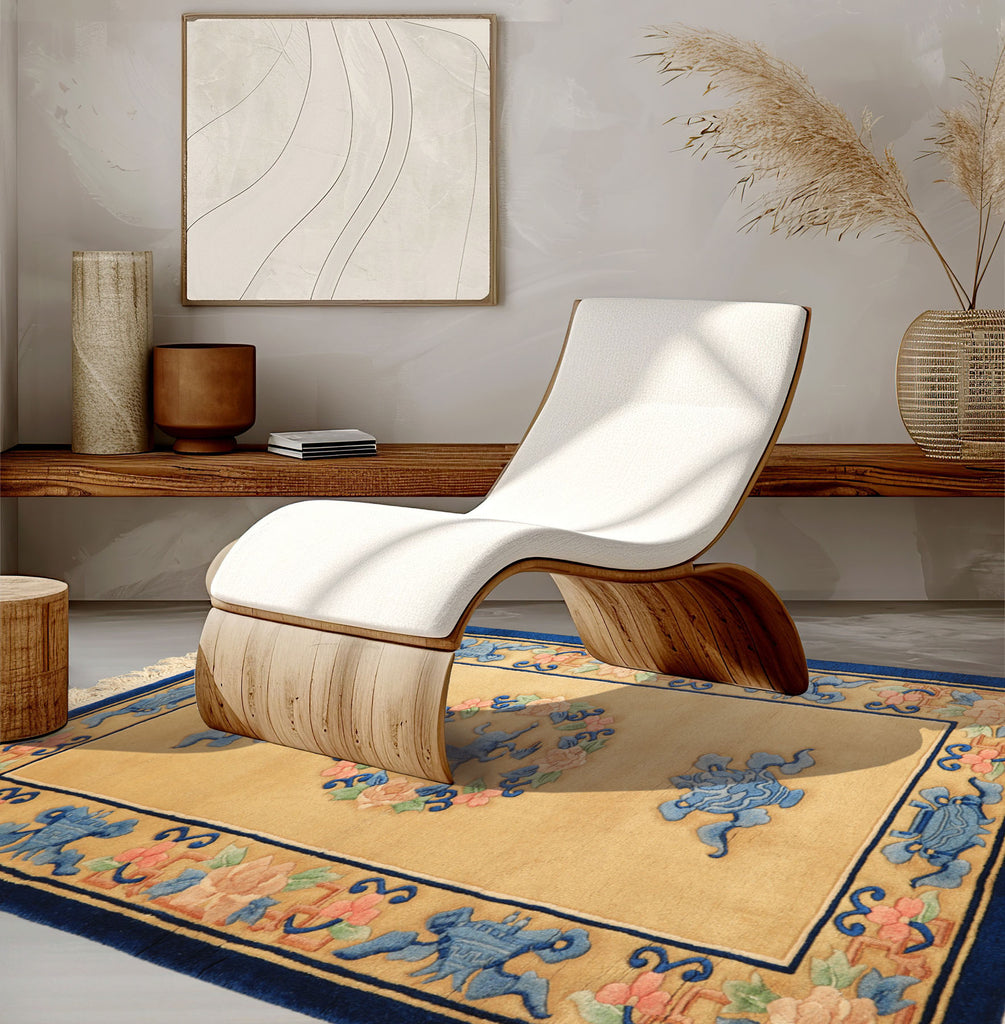 3x5 Gold, Navy, Blush Color Hand Knotted Chinese Art Deco Wool Traditional Oriental Rug