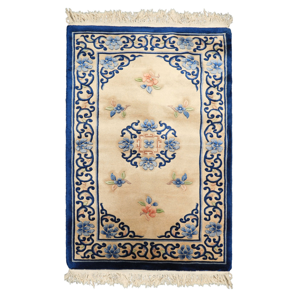 3x5 Beige, Navy, Blush Color Hand Knotted French Aubusson Savonnerie Wool Traditional Oriental Rug