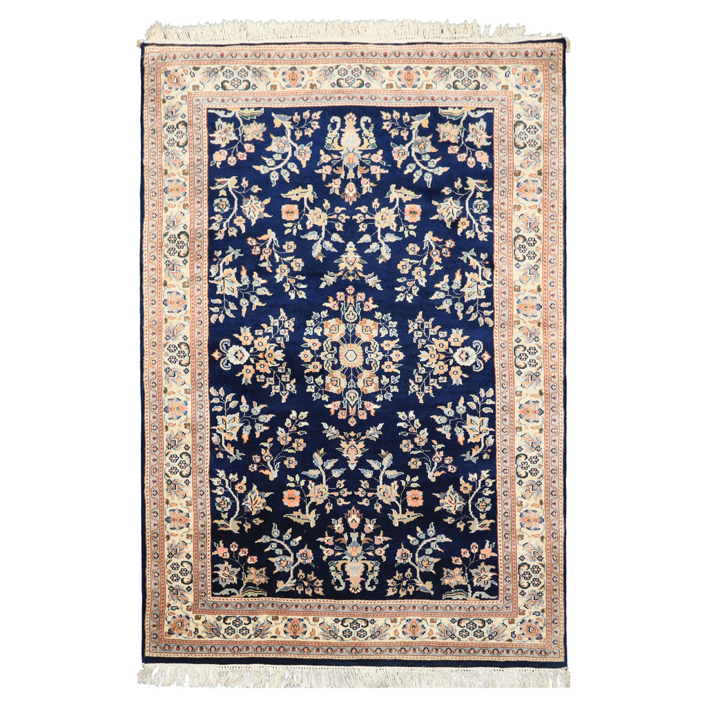 4x6 Navy, Ivory, Peach Color Hand Knotted Sarouk New Zealand Wool Traditional Oriental Rug