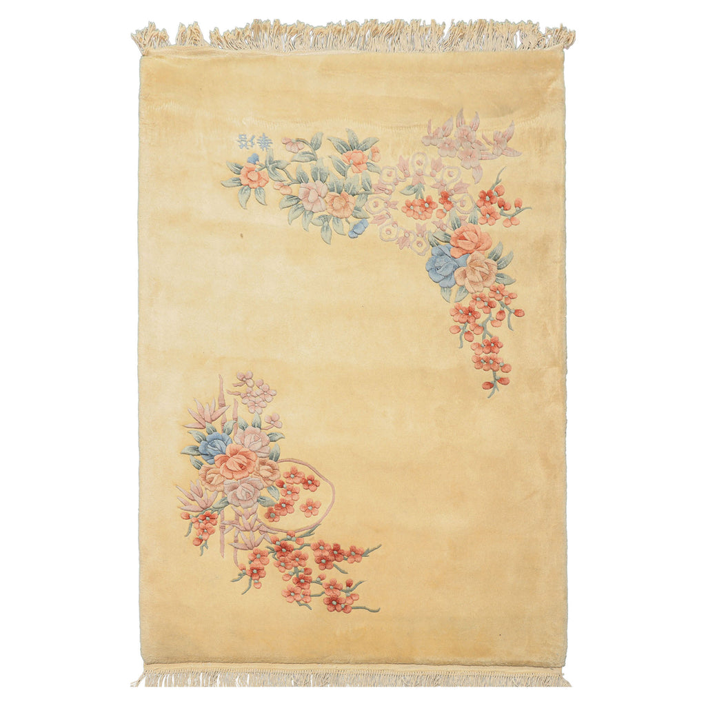 4x6 Ivory, Blush, Taupe Color Hand Knotted French Aubusson Savonnerie Wool Traditional Oriental Rug