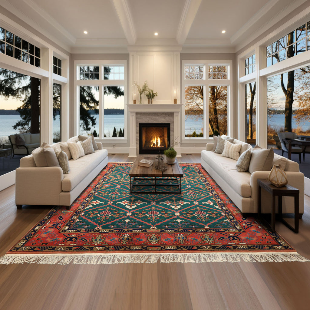 6x9 Turquoise, Orange, Ivory Color Hand Knotted Herati Bidjar New Zealand Wool Traditional Oriental Rug