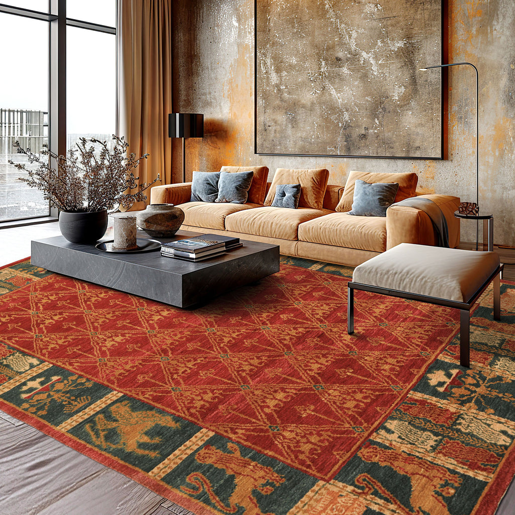 6x9 Rusty Red, Teal, Ivory Color Hand Knotted Tibetan Wool Arts & Crafts Oriental Rug