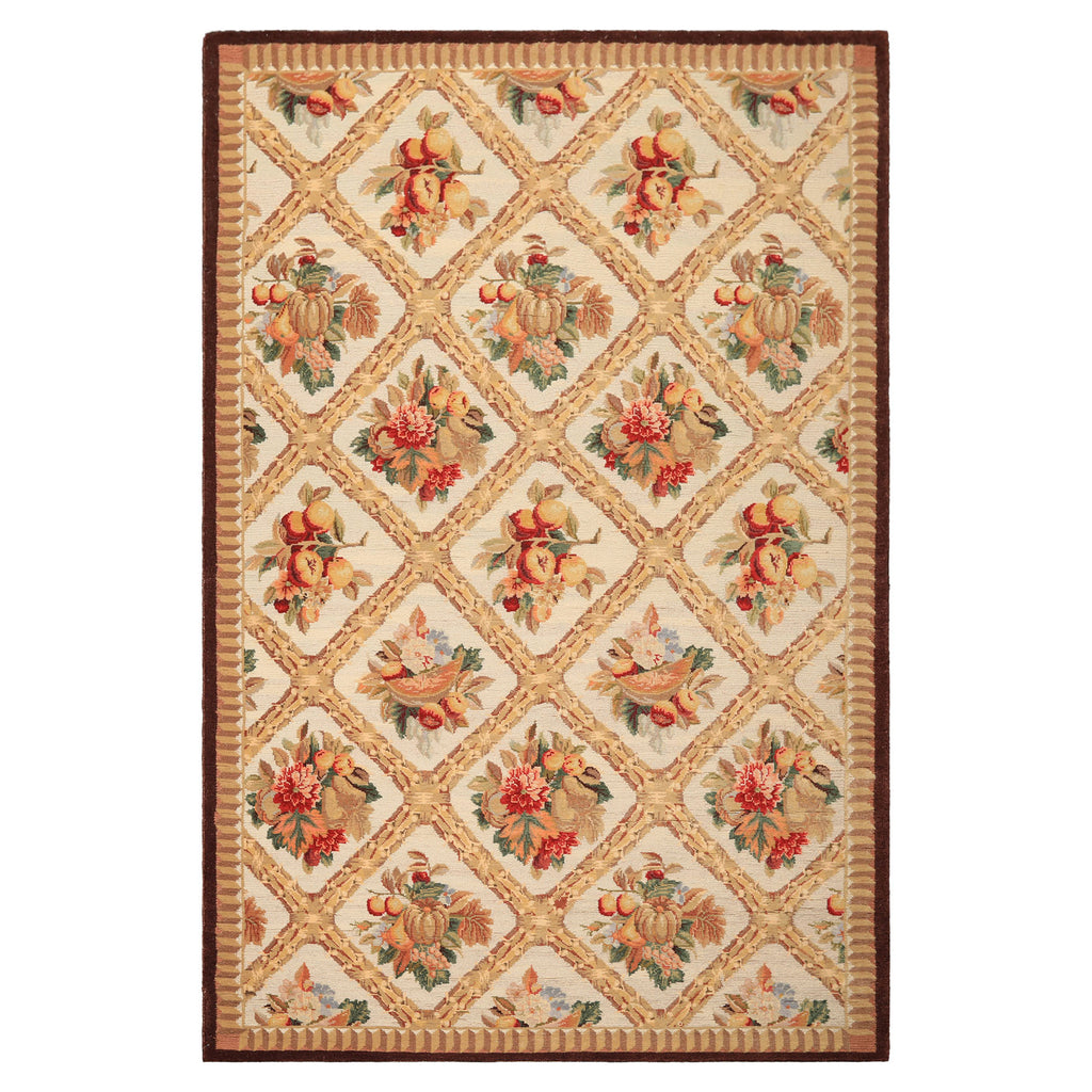 6x9 Ivory, Beige, Tan Color Hand Woven French Aubusson Savonnerie Wool Traditional Oriental Rug